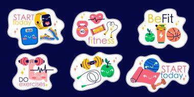 Kawaii fitness etiketleri envanteri, spor aksesuarları, harfli spor malzemeleri tasarımı.
