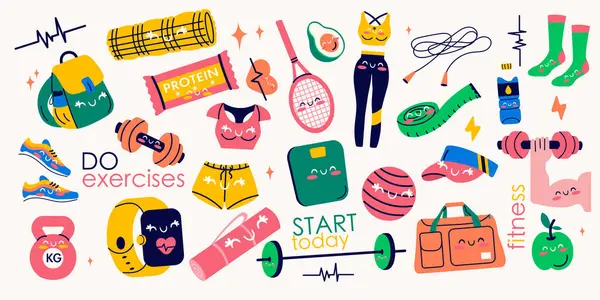 Spor aletleri, spor malzemeleri ve spor malzemeleri Kawaii 'si. Sağlıklı yaşam tarzı kavramı.