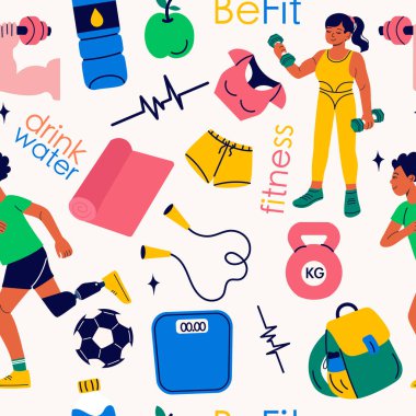 Spor aletleri, spor aletleri ve spor malzemeleriyle uğraşan insanlar. Sağlıklı yaşam tarzı kavramı.