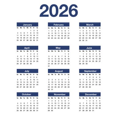 2026 için basit dikey takvim Pazar günü başlıyor