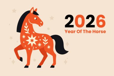 Çin Yeni Yılı 2026 soyut düz arkaplan posteri. At Yılı