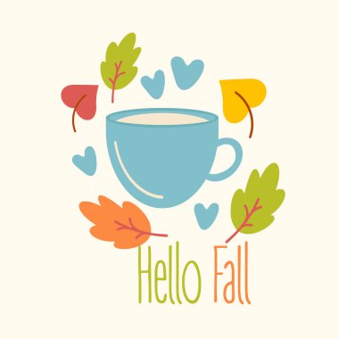 Merhaba sonbahar sıcacık arka plan, tebrik kartı ya da poster. Sıcak içecek ve sonbahar yapraklı şirin bir fincan.