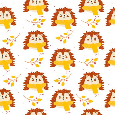 Güzel kirpi deseni var. Sonbahar çocuklarının arka planı hayvanlarla dolu