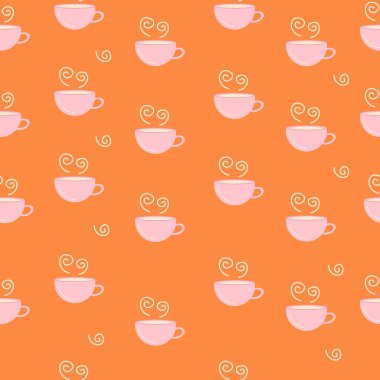 Sevimli kahve ya da çay fincanları kusursuz desenli. Kafe menüsü veya kumaş için sıcak içecek arka planı