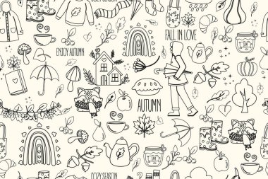 Büyük sonbahar karalamaları pürüzsüz çizgiler çiziyor. Çeşitli sonbahar ögelerine sahip renk arkaplanı