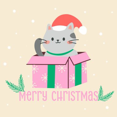 Hediye kutusundaki Noel kedisi. Mutlu noeller için tasarlanmış tebrik kartı.