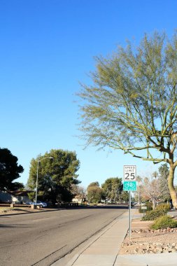Brightly lit by early morning sun road signs for bicyclists and moto vehicle in residential area