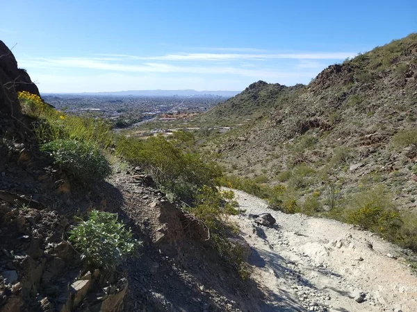 Phoenix Belvárosában Völgyében Nap Utolsó Látható North Mountain Park Arizona — Stock Fotó