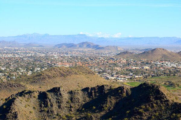 Aerial view of Phoenix and Scottsdale from North Mountain Park hiking trail, Arizona