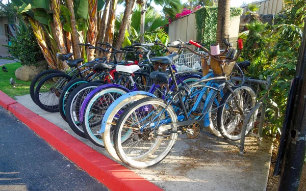 Bicycle Rack Chained Locked Bikes Roadside Parking Lot Lush Tropical — Stock Photo, Image