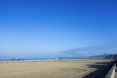 Sabah esintisi ve okyanus dalgaları Pasifik Sahili, San Diego, Kaliforniya 'daki Crystal Pier yakınlarında deniz yosunlarını kıyıya itiyor.