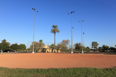 Cortez Park, Phoenix, Arizona 'da yeşil çimenler ve koruyucu top ağlarıyla çevrili bir halk beyzbol sahası.