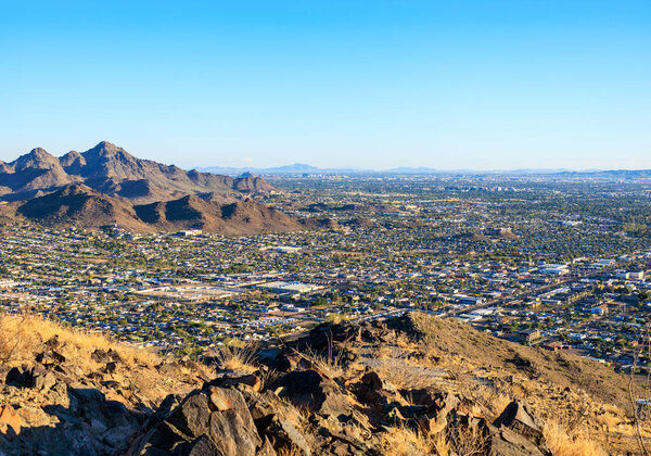 View at Valley of the Sun from the top of North Mountain Park hiking trails, Phoenix, AZ