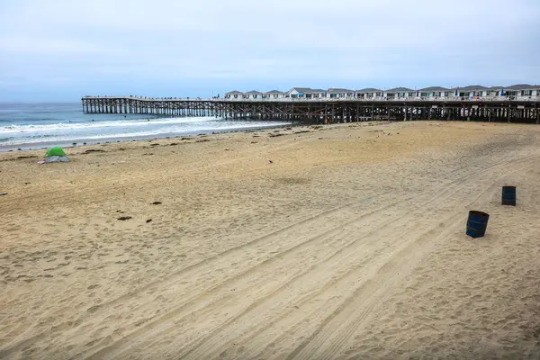 Sabah esintisi ve okyanus dalgaları Pasifik Sahili, San Diego, Kaliforniya 'daki Crystal Pier yakınlarındaki deniz yosunlarını kıyıya itiyor.