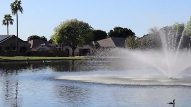 Havadaki köpüklü su damlacıkları Dos Lagos park gölü, Glendale, Arizona 'daki bir çeşmeden geliyor.