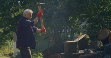 Kış için odun topluyorum. Yetişkin bir adam baltayla odun kesiyor. Ukrayna 'da kış geliyor.