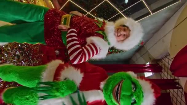 Grinch Und Elfen Amüsieren Sich Weihnachtsbaum — Stockvideo