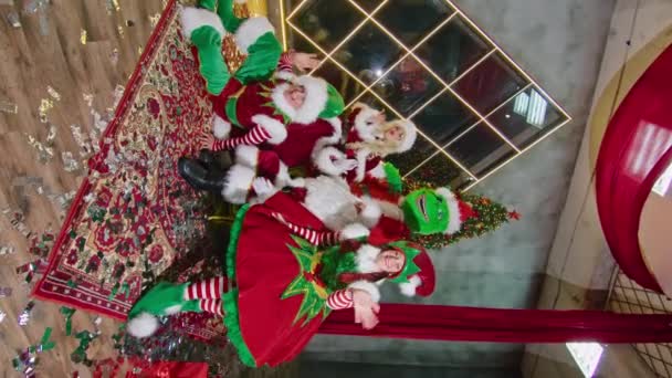 Grinch Und Elfen Amüsieren Sich Weihnachtsbaum — Stockvideo