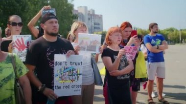 Ukrainian women and men gathered for a peaceful rally in support of the Azov prisoners of war, and the victims in Olenevka and Mariupol, demand the release of prisoners. Rally for freedom. No war in