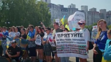 Ukrainian women and men gathered for a peaceful rally in support of the Azov prisoners of war, and the victims in Olenevka and Mariupol, demand the release of prisoners. Rally for freedom. No war in