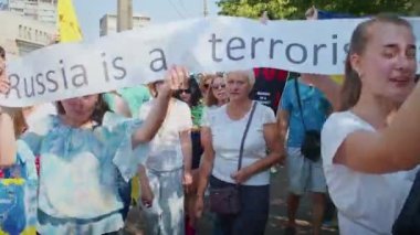 Ukrainian women and men gathered for a peaceful rally in support of the Azov prisoners of war, and the victims in Olenevka and Mariupol, demand the release of prisoners. Rally for freedom. No war in