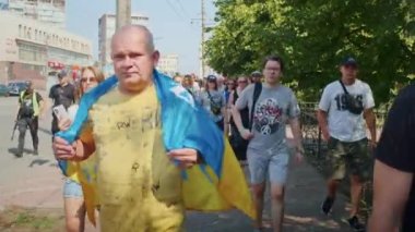 Ukrainian women and men gathered for a peaceful rally in support of the Azov prisoners of war, and the victims in Olenevka and Mariupol, demand the release of prisoners. Rally for freedom. No war in