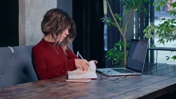 Sad Tired Young Woman Sits Gets Angry Phone Computer Table — Vídeo de Stock