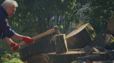 Kış için odun topluyorum. Yetişkin bir adam baltayla odun kesiyor. Ukrayna 'da kış geliyor.