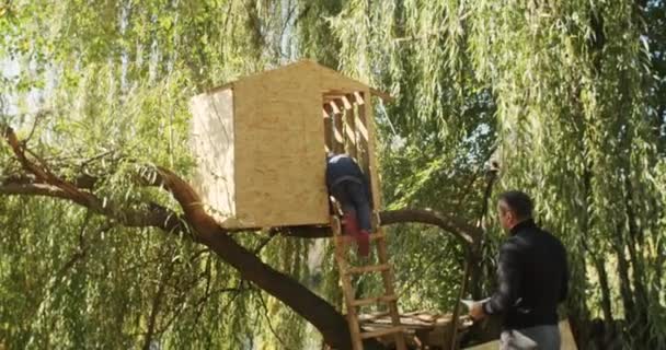 快乐的父亲和儿子在树上盖房子 看画图 用锯子砍树 用螺丝刀在自攻自破的螺丝上钉 — 图库视频影像
