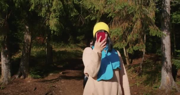 在山上旅行的年轻妇女通过视频链接进行交流 Z代旅行 — 图库视频影像