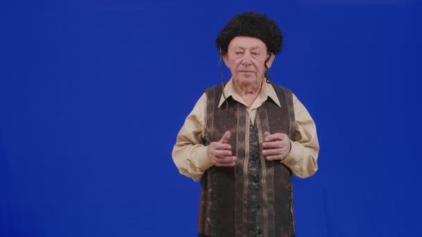 Старий Єврей Синьому Екрані Бажає Тобі Щасливої Рош Хашани Новорічним — стокове відео