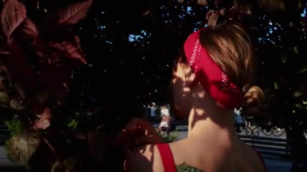 Chica Feliz Vestido Rojo Caminando Parque Disfrutando Del Sol Poniente — Vídeo de stock