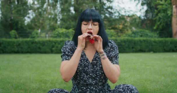 Happy Joyful Woman Inflates Balloons Burst Showing Everything Wrong Condoms — Stockvideo
