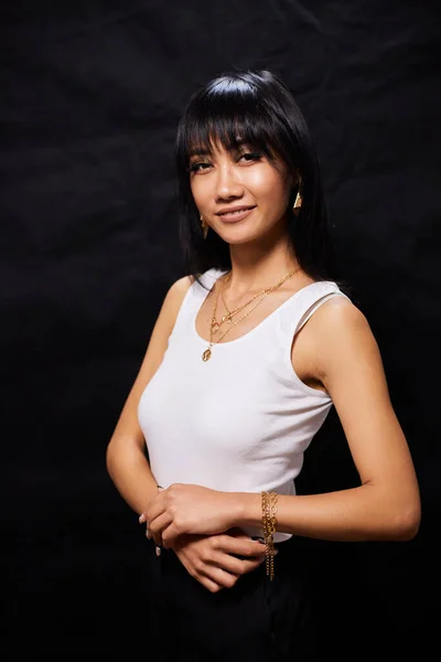 Portrait Beautiful Asian Women Cool Confident Casual Clothes White Background — Stok fotoğraf