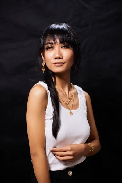 Portrait Beautiful Asian Women Cool Confident Casual Clothes White Background — 图库照片