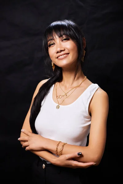 Portrait Beautiful Asian Women Cool Confident Casual Clothes White Background — Fotografia de Stock