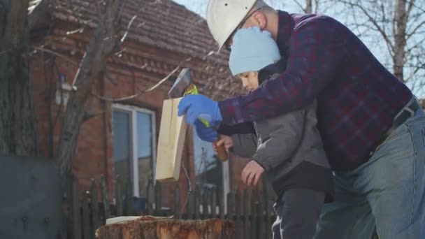 Puutarhan Hiljaisuudessa Isoisä Pojanpoika Oppivat Kovan Työn Polttopuiden Valmistuksen Merkityksen — kuvapankkivideo