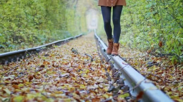 Gelukkige Jonge Vrouwelijke Toerist Spinnen Tunnel Van Liefde Met Herfstbladeren — Stockvideo