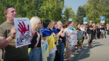 Ukrainian women and men gathered for a peaceful rally in support of the Azov prisoners of war, and the victims in Olenevka and Mariupol, demand the release of prisoners. Rally for freedom. No war in