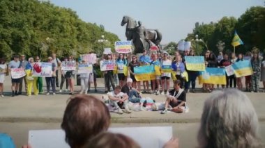 Ukrainian women and men gathered for a peaceful rally in support of the Azov prisoners of war, and the victims in Olenevka and Mariupol, demand the release of prisoners. Rally for freedom. No war in