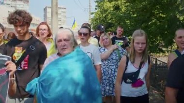 Ukrainian women and men gathered for a peaceful rally in support of the Azov prisoners of war, and the victims in Olenevka and Mariupol, demand the release of prisoners. Rally for freedom. No war in