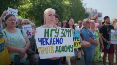 Ukrainian women and men gathered for a peaceful rally in support of the Azov prisoners of war, and the victims in Olenevka and Mariupol, demand the release of prisoners. Rally for freedom. No war in