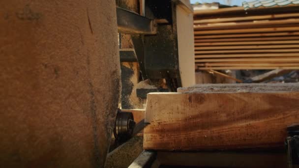 见证了锯木厂的神奇之处 熟练的工人们用锯子把森林锯成了有用的木头 并在工作时拍了一些特写 — 图库视频影像