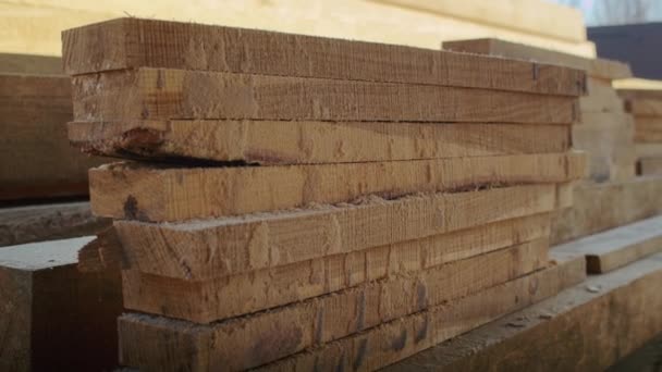 Stapel Von Grob Gesägten Holzbohlen Holzlagerung Holzbearbeitung Und Zimmereikonzept Für — Stockvideo