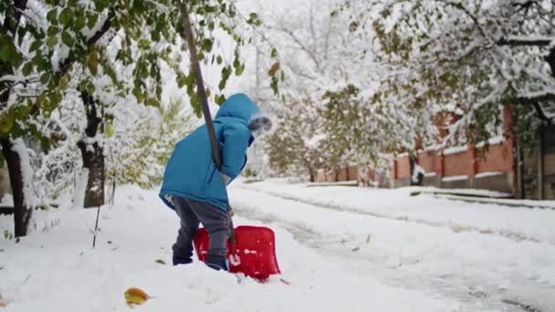 激しい吹雪の中で 小さな子供は困難な雪の道を通って揺れるヘルパーになります — ストック動画