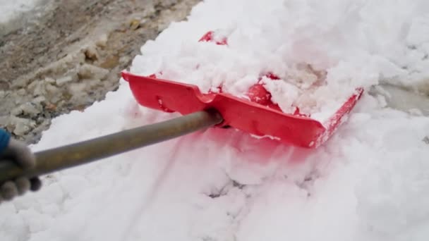 雪で満たされた道をきれいにするために吹雪を通って揺れる子供の強さによって市民の冬の怒り — ストック動画
