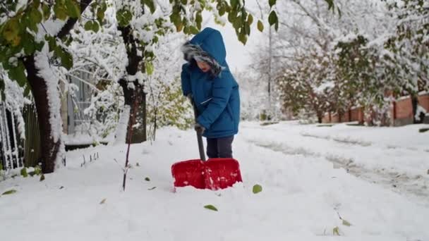 Frío Agarre Una Ventisca Esfuerzo Los Niños Pala Nieve Ilumina — Vídeos de Stock