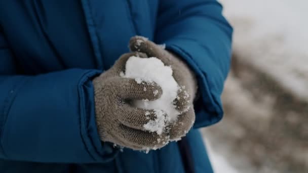 冬の寒さに対して 小さな男の子は大きな吹雪に直面し 雪の中を通り抜ける — ストック動画