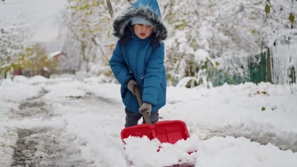 都市の子供 ブリザード シャベル そして少しの助手の冬のクリーンアップ物語 — ストック動画