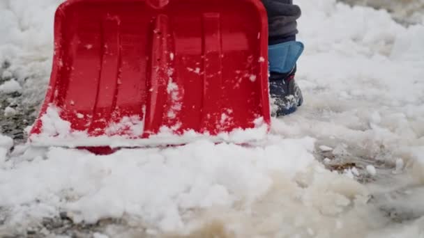 Inför Enorm Snöstorm Rensar Ett Barn Med Spade Sin Uppfart — Stockvideo
